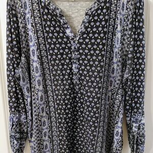 Style & Co. Black and Blue Printed Long-Sleeve Blouse